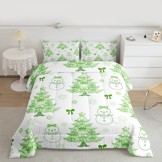 Feelyou Merry Christmas Comforter Set All Season Cute Snowman Bedding Set with 1 Pillow Cases Cartoon Bowknot Microfiber Kids Toddler Bedclothes Christmas Tree Duvet Quilt Soft Lightweight