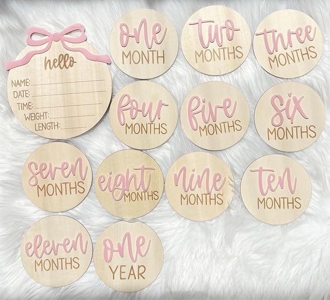 Monthly Baby Milestone Cards for Girls – 13 Wooden 3D Milestone Discs with Hello World Birth Announcement Sign – Newborn Photo Props for Baby Girl