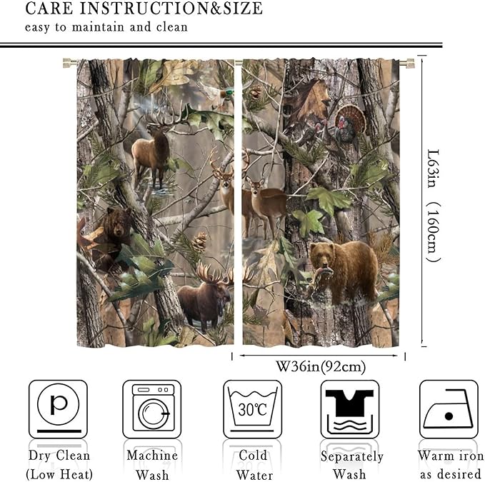 Retro Forest Window Curtains, Camouflage Hunting Tree Camo Rustic Deer Elk Bird Bear Blackout Rod Pocket Windows Door Curtain for Bedroom Living Room Home Decor 72x63in