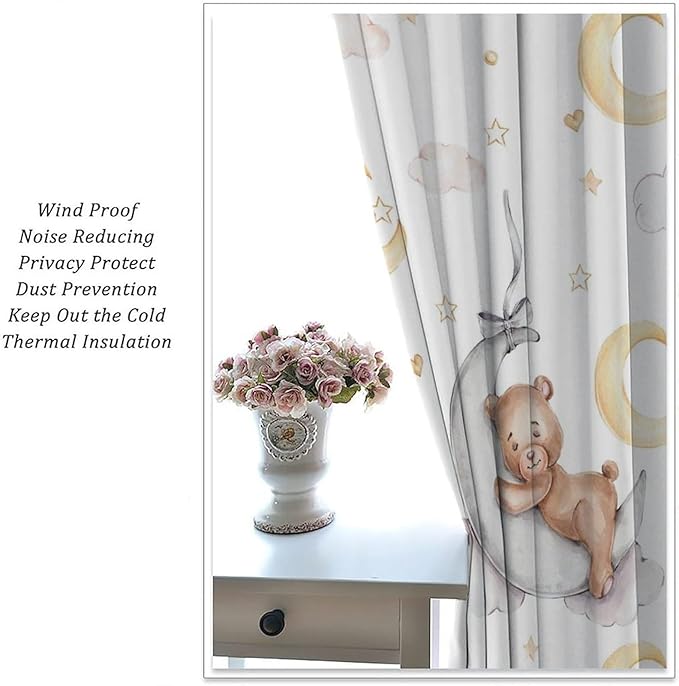 Cartoon Bear Curtains, Cartoon Watercolor Lovely Bear Moon Stars Printed Blackout Window Treatments, Rod Pocket Thermal Insulated Drapes 2 Panel Sets for Kids Bedroom Nursery Classroom, 42"W X 63"L