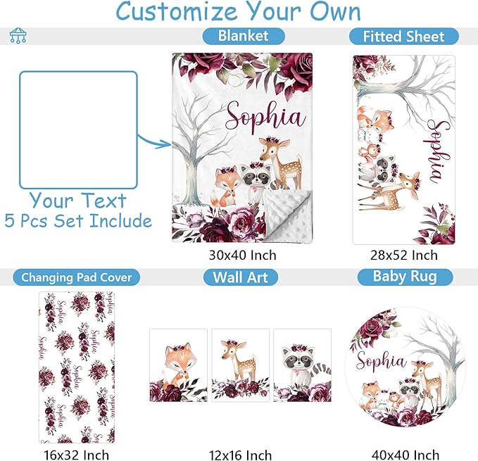 Custom Name Crib Bedding Set, 5 Pcs Personalized Woodland Animals Theme Baby Bedding, Crib Set for Boys Girls, Double Layer Nursery Bedding Sets for Infant Newborns, Toddlers Crib Bed Set