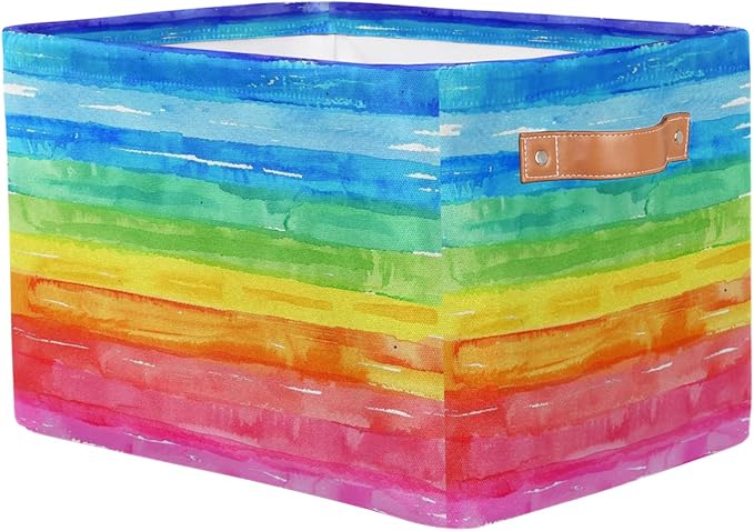 Watercolor Rainbow Storage Basket for Shelves, Storage Bins with Handles, Collapsible Basket for Organizing, Closet Toy Baskets for Nursery Room, 15x11x9.5 in, Canvas, Rainbow Colored