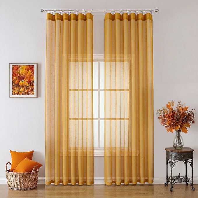 Mustard Gold Sheer Curtains 84 Inches Long 2 Panels, Textured Linen Look See Through Drapes, Vintage Yellow Light Filtering Window Sheers, Pinch Pleat Sliding Glass Door Curtain