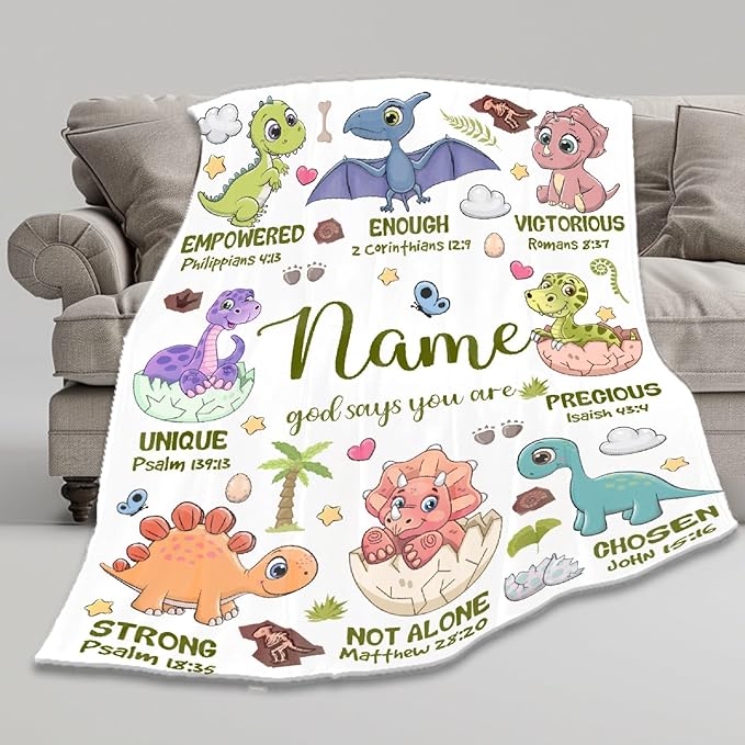 Personalized Dinosaur Blanket,Custom Dinosaur Gifts for Kids Boys,God Says I Am Themed Blanket,Meaningful Thoughtful Religious Baptism Christian Gifts,Bible Verse Quilt with Name,50"x60" for Teens
