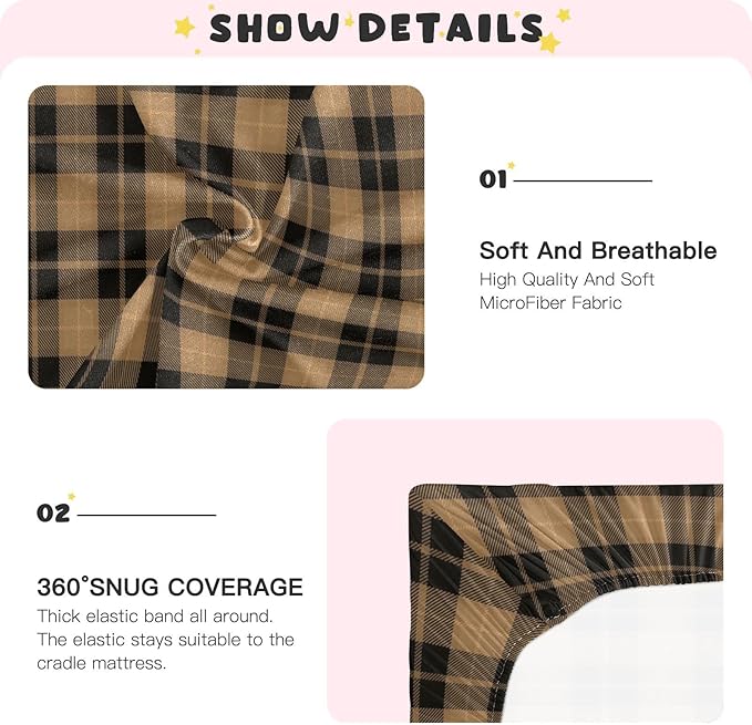 Brown Plaid Crib Sheets Soft Breathable Fitted Baby Crib Sheets Mattress Cover for Girl Boys, 52" x 28" x 9"