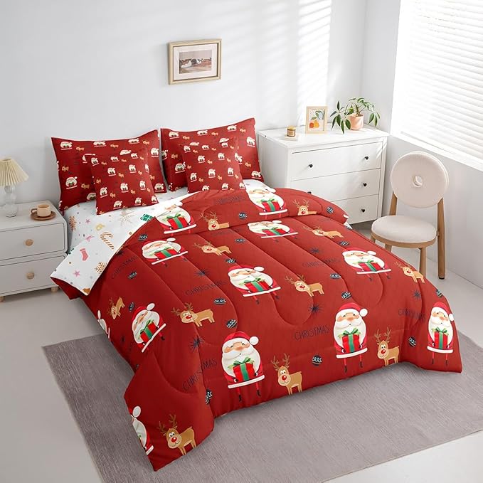 Santa Claus Bed Set Christmas Deer Bed in a Bag for Kids Boys Girls Winter Snowflake Comforter Set with Sheets Merry Christmas Khaki Red Bedding Set Bedroom Collection King Size