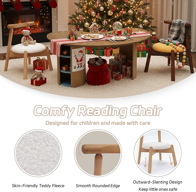 Kid Chair, Shepra Toddler Chairs Comfy Reading Chair for Kids Bedroom, Activity Table Chairs with Solid Wood Legs, Little Kids Furniture Wooden Stool for Children Playroom/Nursery/Gifts, White