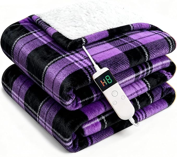 Electric Blanket Heated Twin, Soft Flannel 62"x84" Plaid Heating Blanket with 8 Hours Auto Off 10 Fast Heating Levels Machine Washable Sherpa Heated Blanket with Overheating Protection