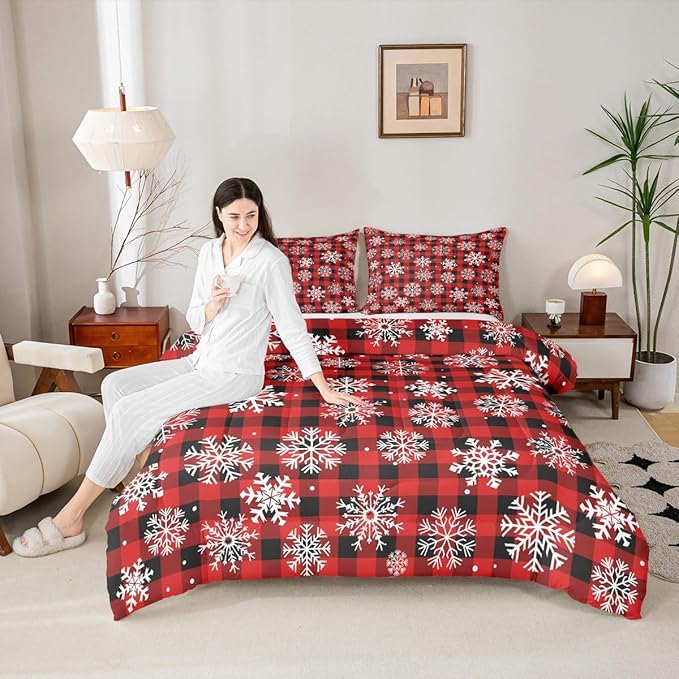 Feelyou Christmas Comforter Set Twin Size Red Black Plaid Bedding Set for Kids Boys Girls Winter Snow Duvet Quilt Snowflake Red Bedroom Decor Microfiber 2 Pcs with 1 Pillow Cases