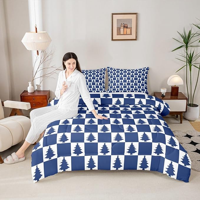 Feelyou Christmas Kids Comforter Set King Size Checkered Bedding Set Christmas Tree Duvet Quilt for Kids Boys Girls Bedroom Xmas Decorations Decor Blue Microfiber Ultra Soft Breathable