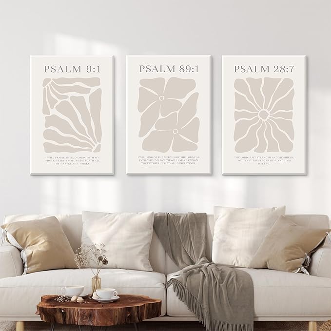 Scripture Christian Wall Art Set of 3 Beige Bible Verses Wall Decor Neutral Psalm Canvas Wall Art Modern Pictures Flower Prints Christian Artwork for Living Room Bedroom 16x24 Inch Ready to Hang