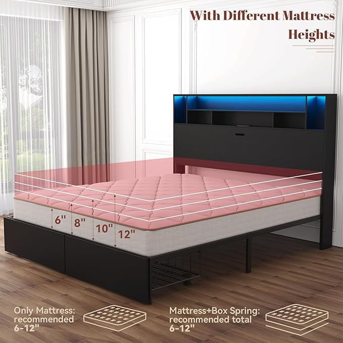 Queen Bed Frame with Large Headboard Storage, Bed Frames with 2 Under Bed Drawers, Built-in LED Lights Charging Station, Easy Assembly, Black