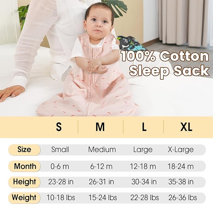 PHF Soft Baby Sleep Sack 6-12 Months 100% Organic Cotton Wearable Blanket, 2-Way Zipper 0.5 TOG Toddler Sleeping Sack 3 Pack, Comfy Sleep Bag for Baby Boys Girls, Ice Cream (Medium)