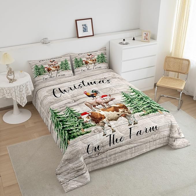 Christmas Farmhouse Bedding Set for Boys Girls,Cartoon Cow Chicken Pig All Season Cozy Comforter Set Full Size,Xmas Pine Trees Snowflake Duvet Set Bedroom Decor,Festival Gifts