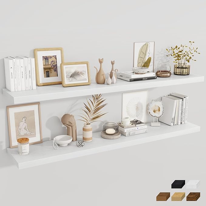 Fun Memories 12 Inch Deep Floating Shelves, 67 Inch Long Extra Large Floating Shelves Set of 2, Rustic Wood Wall Shelves for Living Room, Kitchen, Bedroom, Farmhouse, Laundry Room, Home Office - White