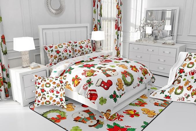 jejeloiu Merry Christmas Comforter Set Queen Size Cute Snowman Bedding Set for Kids Boys Girls Gingerbread Man Duvet Quilt White Bedroom Decor