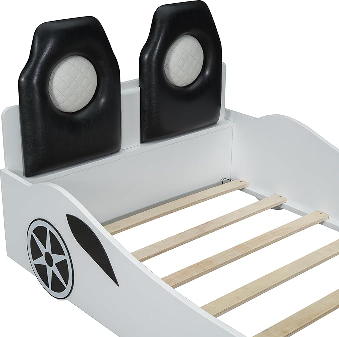 Harper & Bright Designs Wood Twin Size Race Car-Shaped Platform Bed with LED and Upholstered Backrest, White