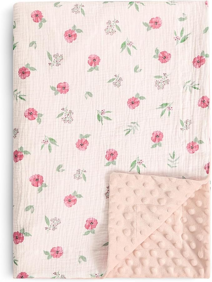 david's kids Muslin Minky Baby Blanket for Girls with Muslin Cotton Front and Dotted Fleece Backing, Breathable and Soft Lightweight Receiving Blanket for Newborns, 40x50 Inches, Pink Floral