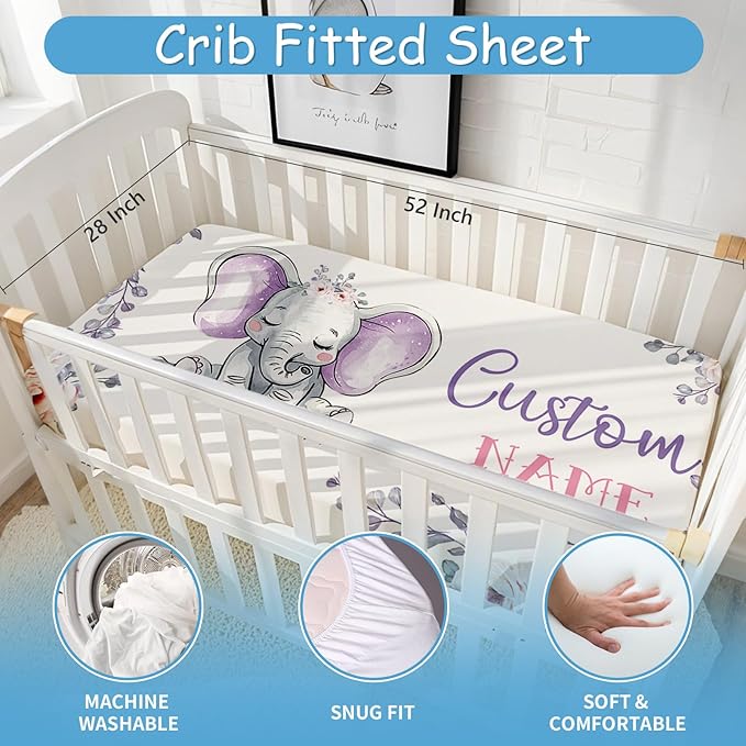 Custom Baby Crib Bedding Set, 5 Pcs Personalized Purple Elephant Crib Bedding Set with Name, Baby Boys Girls Nursery Crib Set, Soft Flannel Baby Blanket, Customized Gift for Infant New Parents