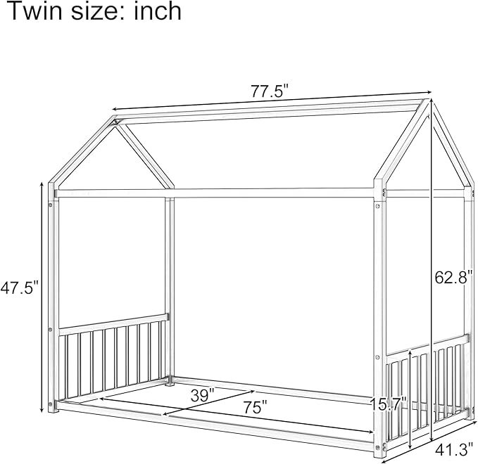 Twin Size Metal Floor Bed Frame,House Shaped Bed with Fence for Kids and Toddlers,Easy Assemble,No Slats,Black