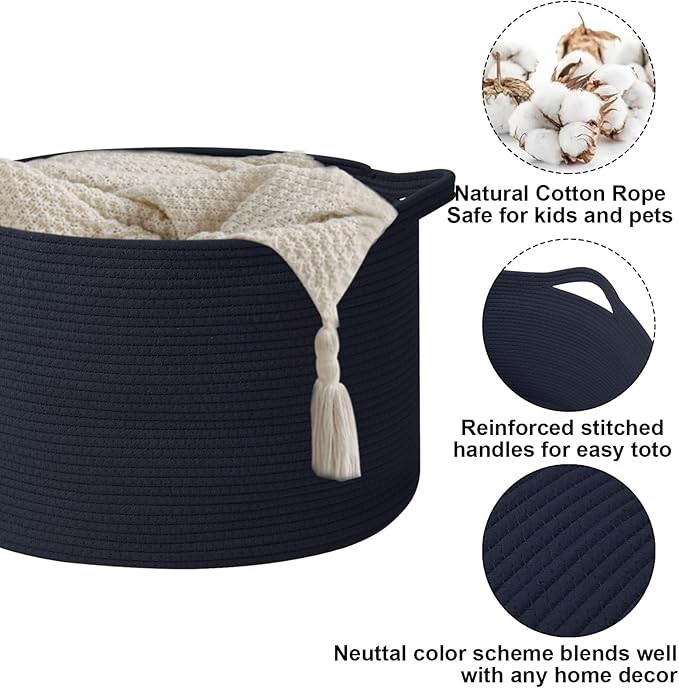 Large Blanket Basket for Organizing,115L Closet Organizers and Storage Bins Box for Shelves Woven Rope Storage Baskets,Living Room,Bedroom,Dorm,Laundry room (Navy)