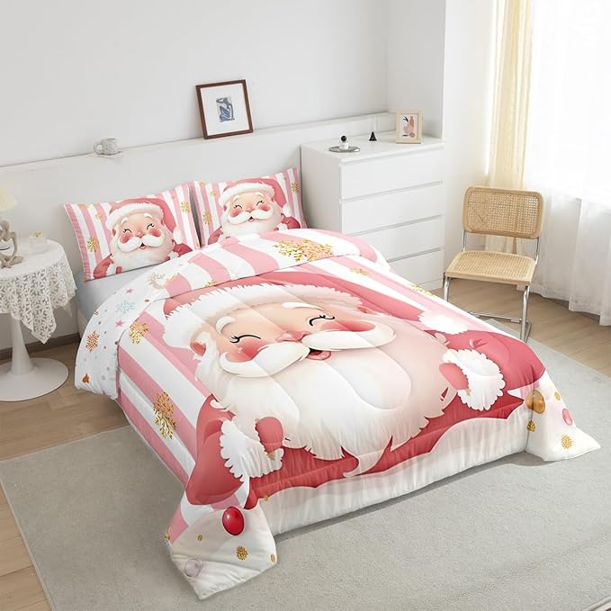 Feelyou Merry Christmas Decorations King Size Comforter Set Santa Claus Bedding Set Pink Quilt Set Soft Warm Lightweight Duvet Set