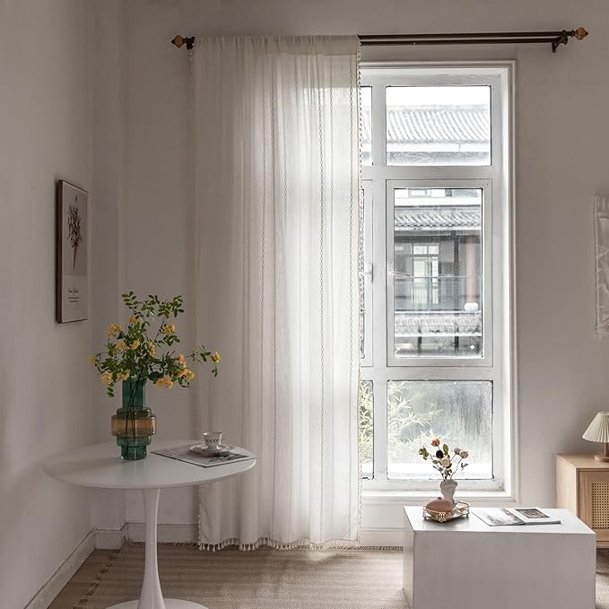 Deeprove White Boho Curtains 96 Inches Long for Nursery Bedroom Christmas Decor, Bohemian Embroidery Cream Weighted Cotton Linen French Country Window Treatments with Tassel, W52 x L96, 1 Panel