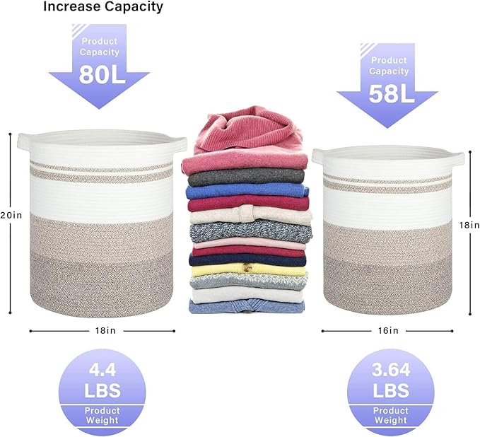laundry hamper 16x16x18,60L – large basket for blankets,toy basket ,Cotton Rope Blanket Basket Living Room, Baby Laundry hamper for Blanket, Nursery, –stuffed animal storage（ Double color khaki）