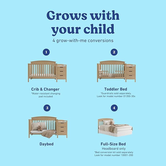 Graco Benton 4-in-1 Convertible Crib and Changer (Driftwood) – GREENGUARD Gold Certified, Crib & Changing Table Combo, Water-Resistant Changing Pad, Converts to Toddler Bed, Daybed and Full-Size Bed