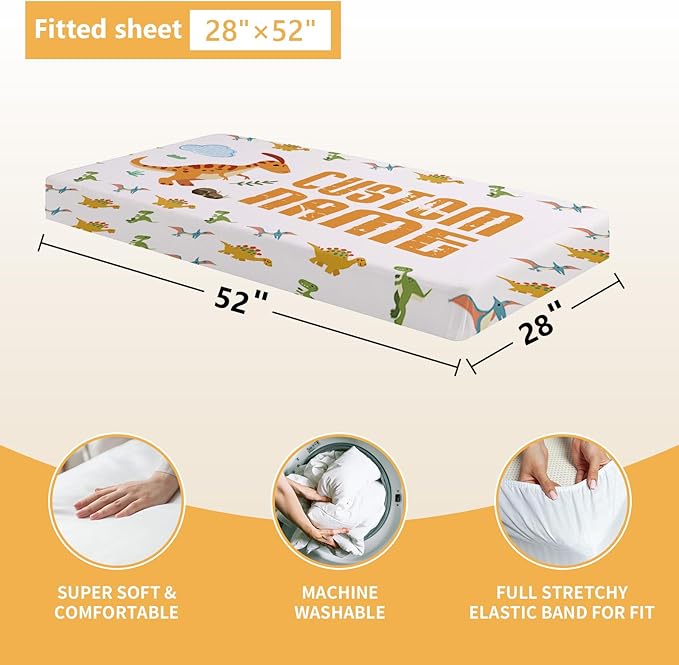 Personalized Baby Bedding Set, 5 Pcs Custom Baby Crib Sets with Name, Dino Toddler Bedding Set for Baby Boys Girls, Double Layer Flannel Nursery Bedding Set, Customized Gifts for Kids Infants