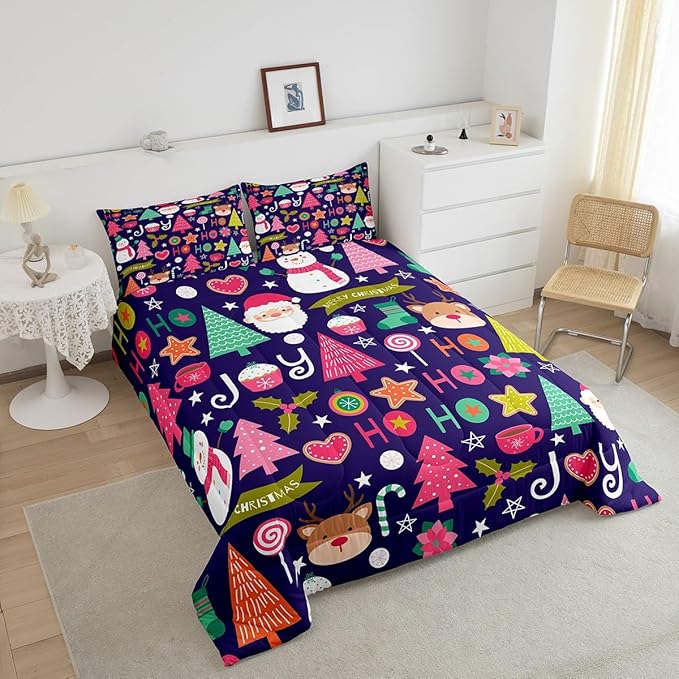 Merry Christmas Kids Comforter Set King Size,Cartoon Santa Claus Snowman Bedding Set,Boys Girls Adults Room Decor,Pines Deer Cute Xmas Down Comforter,Colorful Romantic Duvet Insert,2 Pillowcases