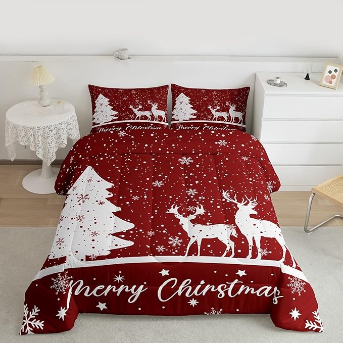 Merry Christmas Kids Comforter Set Queen Size,Deer Elk Pine Trees Bedding,Girls Boys Adults Bedroom/Xmas Cabin Decor,Snowflake Romantic Down Comforter,Rustic New Year Red Duvet Insert,2 Pillowcases