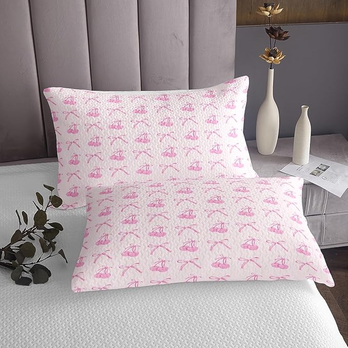 Manfei Cartoon Bowknot Kids Bedspread Twin Size,Pink Bow Tie Butterfly Knot Princess Coverlet Set,Girls Women Room Decor,Cherry Bow Patchwork Quilted Coverlet,Romantic Bedding Quilt,1 Pillowcase