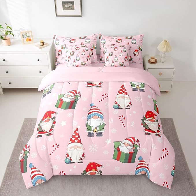Feelyou Christmas Gnomes Queen Comforter Set with Sheets for Kids Boys Girls Cute Snowflakes Candy 7 Pieces Bedding Set Santa Claus Bed in a Bag Reversible Xmas Pink Decor Room Decor Soft Lightweight
