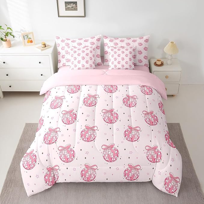7 Pieces Bowknot Princess Kid Comforter Queen,Disco Crystal Ball Western Cowgirl Bedding Set,Star Bow Tie Sweet Romantic Pink Dreamy（Comforter+Fitted+Flat Sheet+2 Pillowcases+2 Throw Pillow Covers）