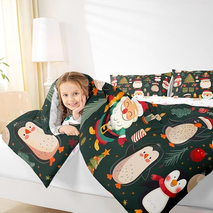 Feelyou Christmas Bedding Set Soft for Boys Girls, Penguin Santa Comforter Set Toddler Size Xmas Tree Snowflake Duvet Quilt Microfiber New Year Gift Bedroom Decor 2 Pcs with 1 Pillow Cases