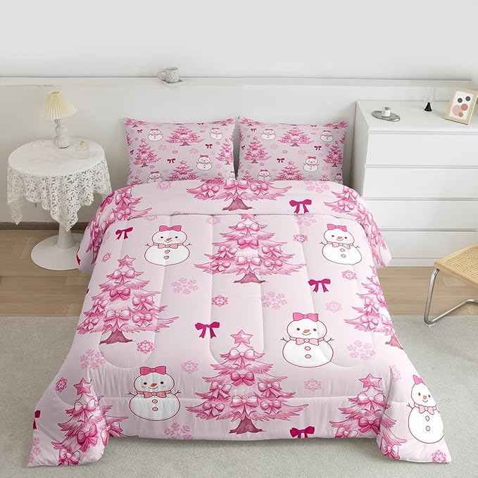 Feelyou Merry Christmas Bedding Set Soft for Boys Girls, Cute Snowman Comforter Set Queen Size Cartoon Bowknot Duvet Quilt Microfiber Christmas Tree 3 Pcs with 2 Pillow Cases