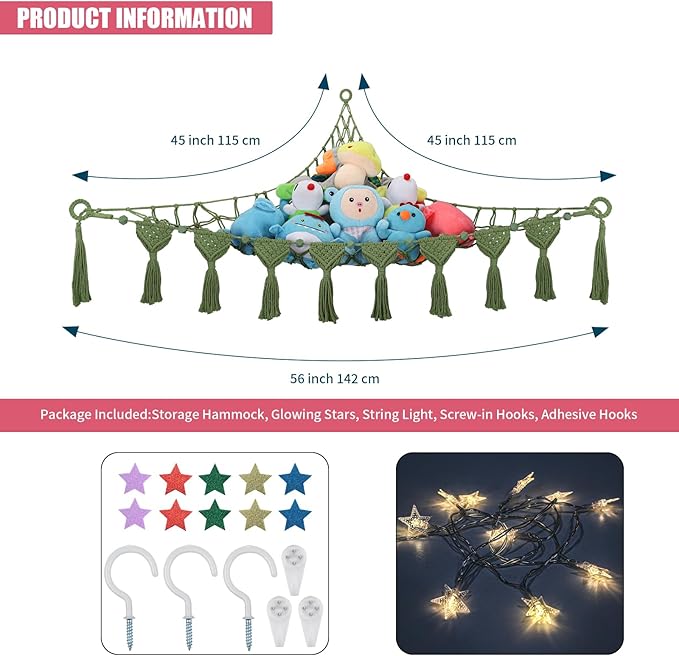 Stuffed Animal Storage Hammock, 56'' Jumbo Boho Macrame Tassels Corner Toy Holder Wall Hanging Net Organizer for Nursery Teddy Plushie, Avocado Green Plush Toy Net with Star Light for Boys Girls Gift