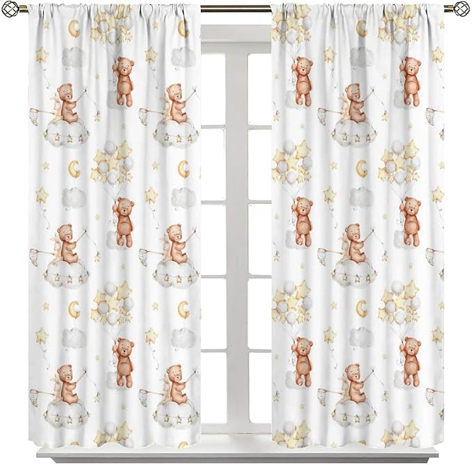 Cartoon Bear Curtains, Cute Lovely Bear Star Cloud Ballon Pastel Blackout Window Treatments, Rod Pocket Thermal Insulated Drapes 2 Panel Sets for Kids Bedroom Nursery Classroom, 55" W X 63" L