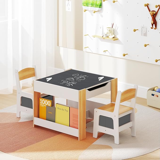 HONEY JOY Kids Table and Chairs, 4-in-1 Children Wooden Activity Set w/Double Bookshelves, Storage, Detachable Tabletop, for Art, Craft, Drawing, Reading, Gift for Toddlers 3-6 Years Old (Natural)