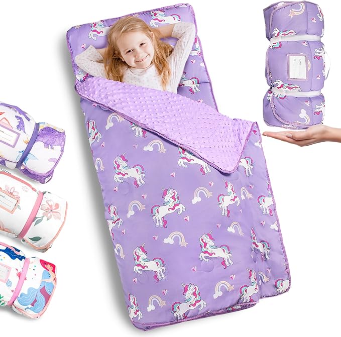 Primlect Thickened Toddler Nap Mat with Removable Pillow and Minky Blanket, Extra Large 55''x35'' Sleeping Bag, Washable, Roll up, Perfect for Daycare, Preschool, Kindergarten, Boys and Girls Purple