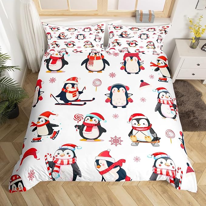 Feelyou Cartoon Penguin Duvet Cover Funny Animal Printed Christmas Day Bedding Set for Kids Room Cute Polar Animal Pattern Decor Comforter Cover Set Snowflake Bedspread Cover 3Pcs Zipper Full Size