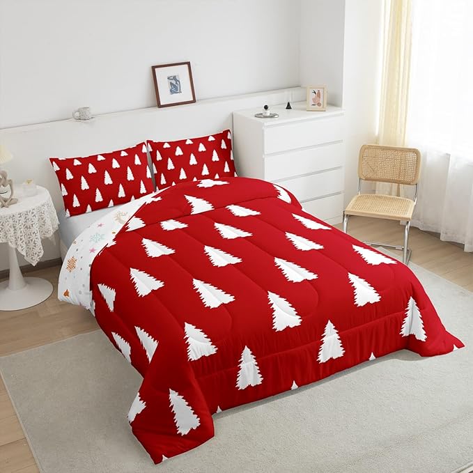 Feelyou Red Christmas Trees Bedding Set for Kids Boys Girls Toddler Size Xmas Comforter Set Ultra Soft Winter Comforter Holiday Decor Duvet Quilt Bedroom Decor Christmas Ornaments Quilt