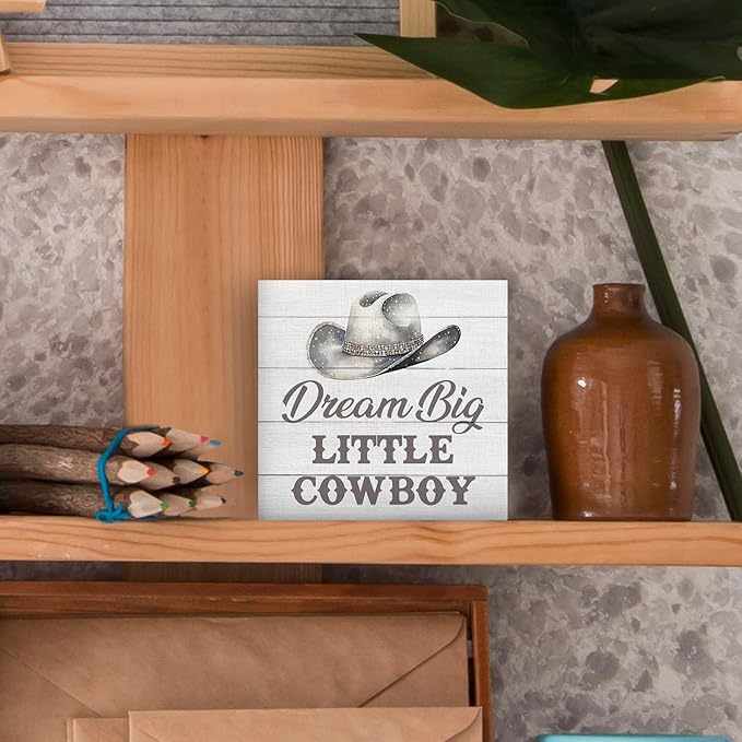 Western Nursery Wood Box Sign - Western Desk Shelf Decor, Cowboy Nursery Decor, Grey Dream Big Little Cowboy Wooden Block Plaque Box Sign for Baby Boy Dorm Room Table Decorations