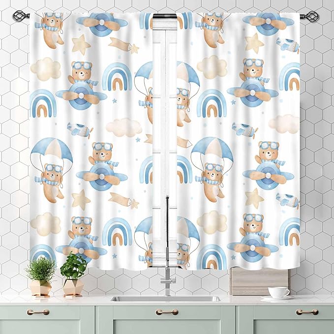 Cartoon Bear Curtains, Kids Boys Girls Cute Lovely Bear Adventure Airplane Cloud Pastel Blue Window Drapery Treatments for Baby Living Room Bedroom Nursey Toddler Classroom 2 Panels, 55x39 Inch