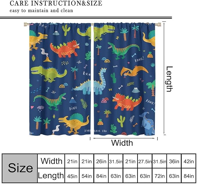 Funny Dinosaur Blackout Curtains Colorful Cartoon Animals Dino Tropical Plant Art Print for Kids Boys Bedroom Living Room Rod Pocket Decoration Window Drapes 2 Panels W21xL45in