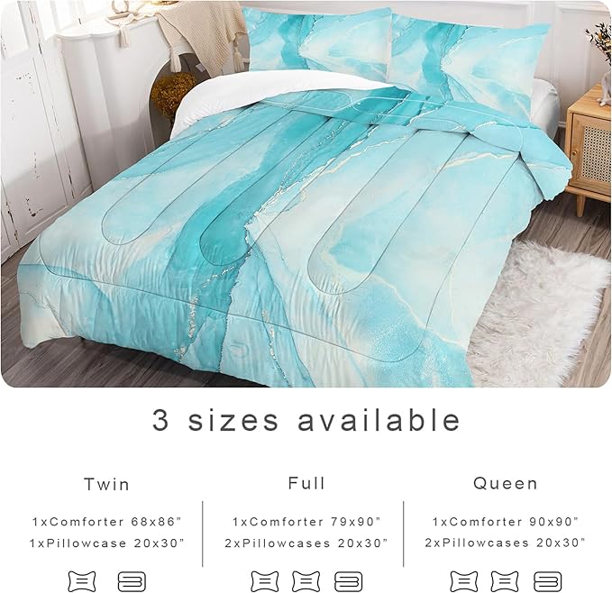 Blue Twin Comforter Set: Twin Size Light Blue Marble Bedding Sets for Teens Girls Kids Abstract Glitter Marbling Quilt Duvet Bed Set 1 Comforter & 1 Pillow Case