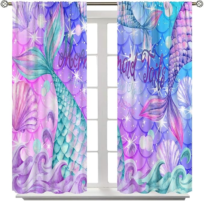 Dream Mermaid Curtain Colorful Mermaid Shell Ocean Theme Fantasy Blackout Curtains for Kids Boys Girls Bedroom Nursery Room Decor Rod Pocket Window Drapes 52x84in