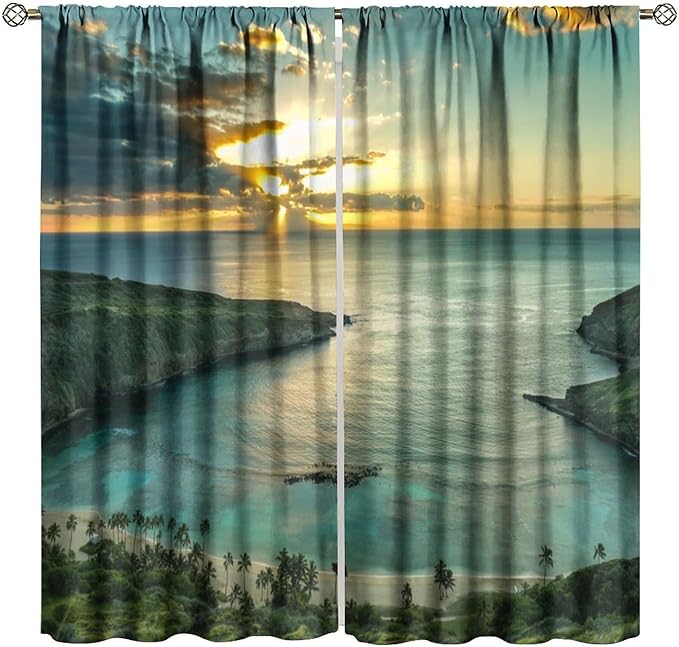 Ocean Beach Curtains,OceanMorning Sunrise Hawaiian Seaside Scene Pattern Blackout Print Home Bedroom Living Room Window Treatments 2 Panel Set 84x84 Inch