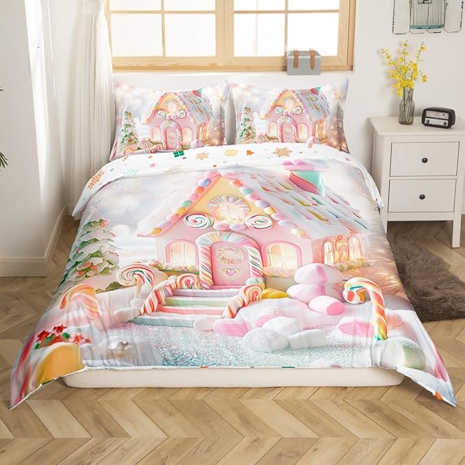 Manfei Christmas Kids Duvet Cover Set Queen Size, Cute Candy Cabin Xmas Bedding Set for Boys Girls Room Decor, New Year Theme Comforter Cover, Lightweight Bedspread Cover, 2 Pillowcases, No Comforter